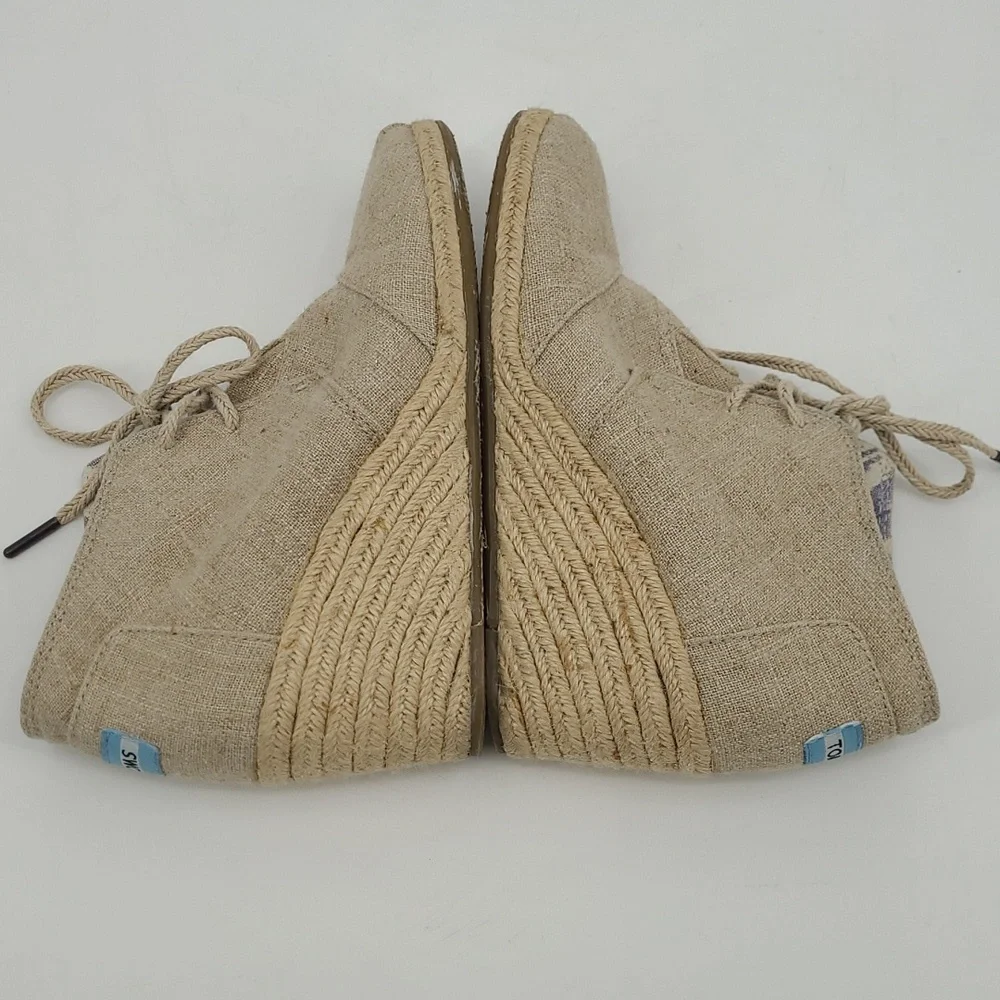 TOMS Desert Wedge Oatmeal Linen Canvas Espadrille Lace Up Booties‎ Tan 9.5